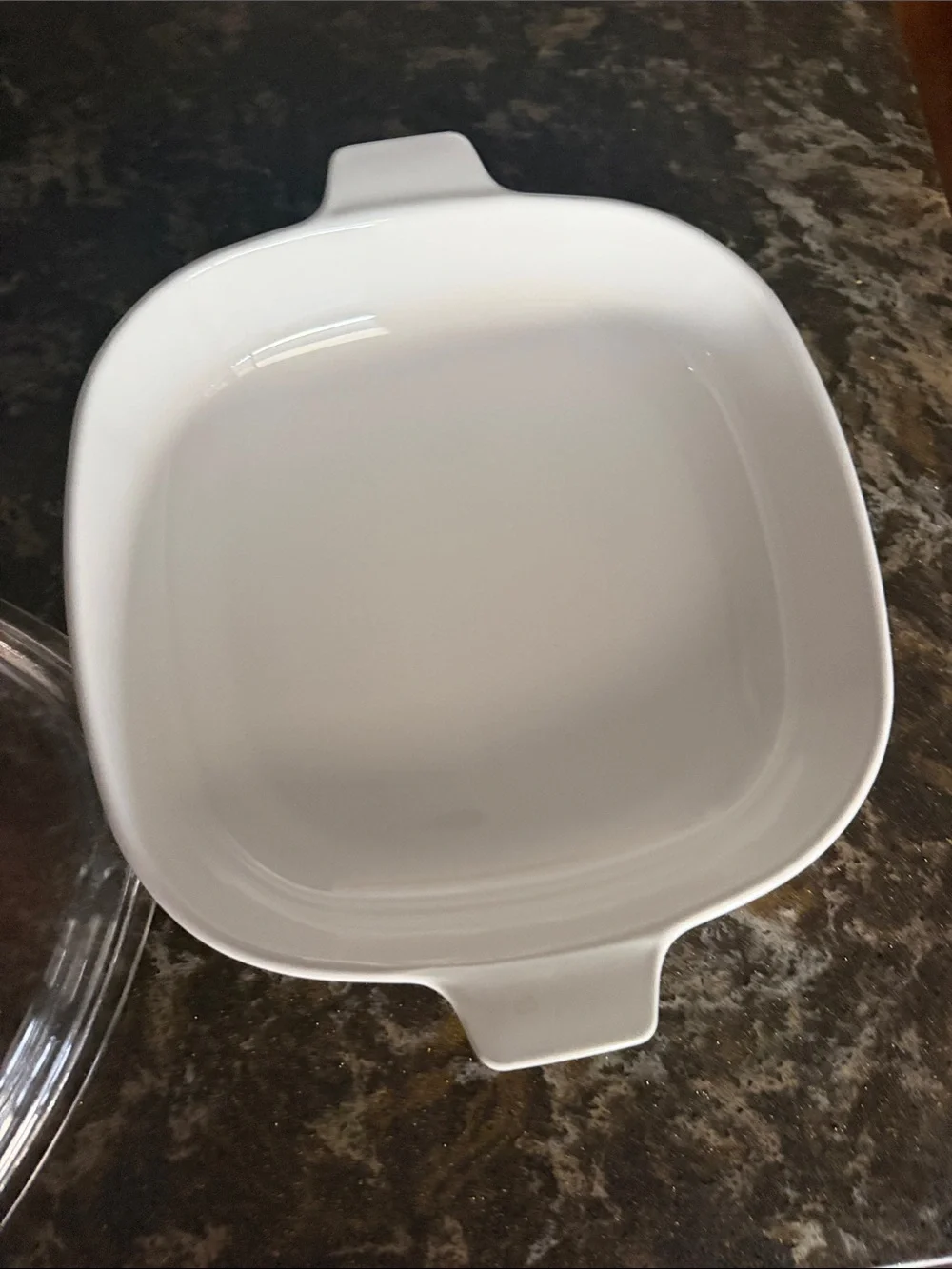 Corningware White Casserole Dish with Blue Wave Accent and Clear Glass Lid